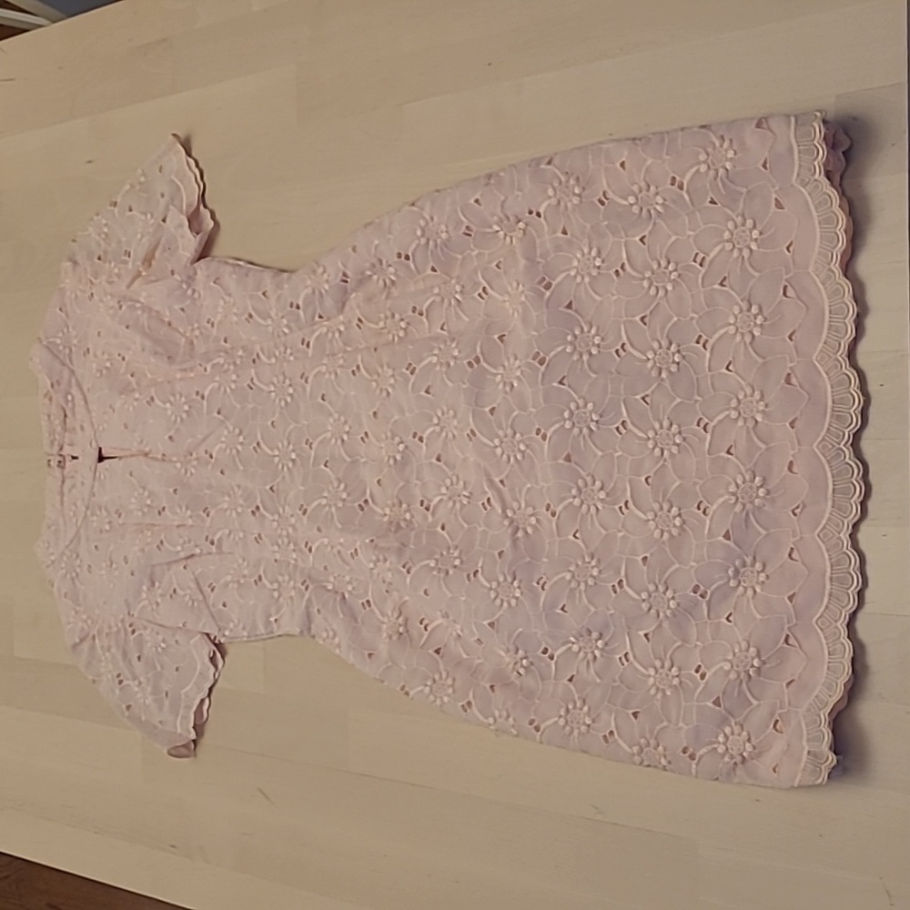 LIKE NEW 1960s VTG Handmade Light Pink Floral Lace Outer Short Sleeve Mini Dress